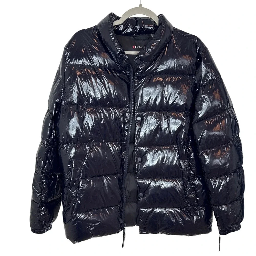 Calvin Klein Men's Glossy Black Puffer Jacket Water Resistant Medium